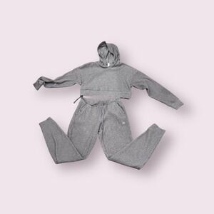 Alo Yoga Ribbed Knit Cropped Hoodie & Jogger Set grey/taupe Size Small